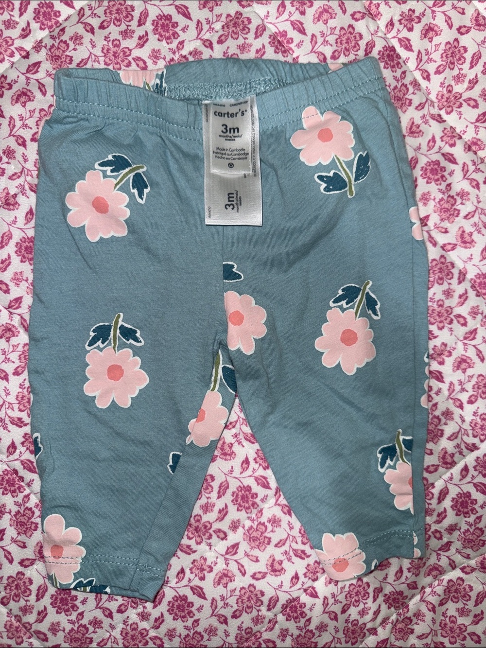 Carter's Dusty Blue Pants with Pink Floral Print 3M